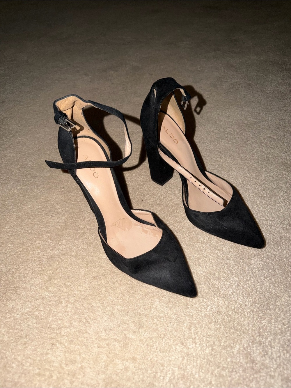 Aldo Black Suede Pointed-Toe Ankle Strap Block Heels